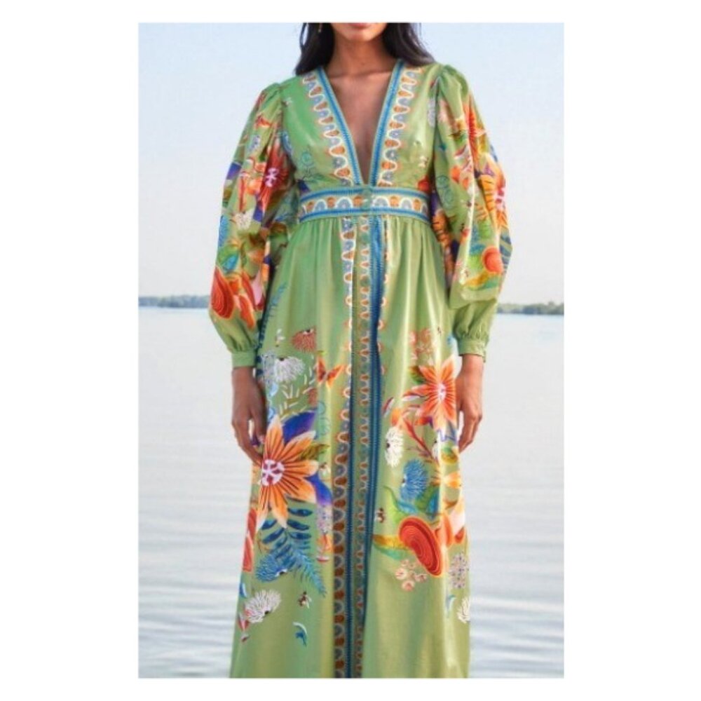 Farm Rio Green Bright YardMaxi Dress Cotton Sz L Green Coral Red Blue $295